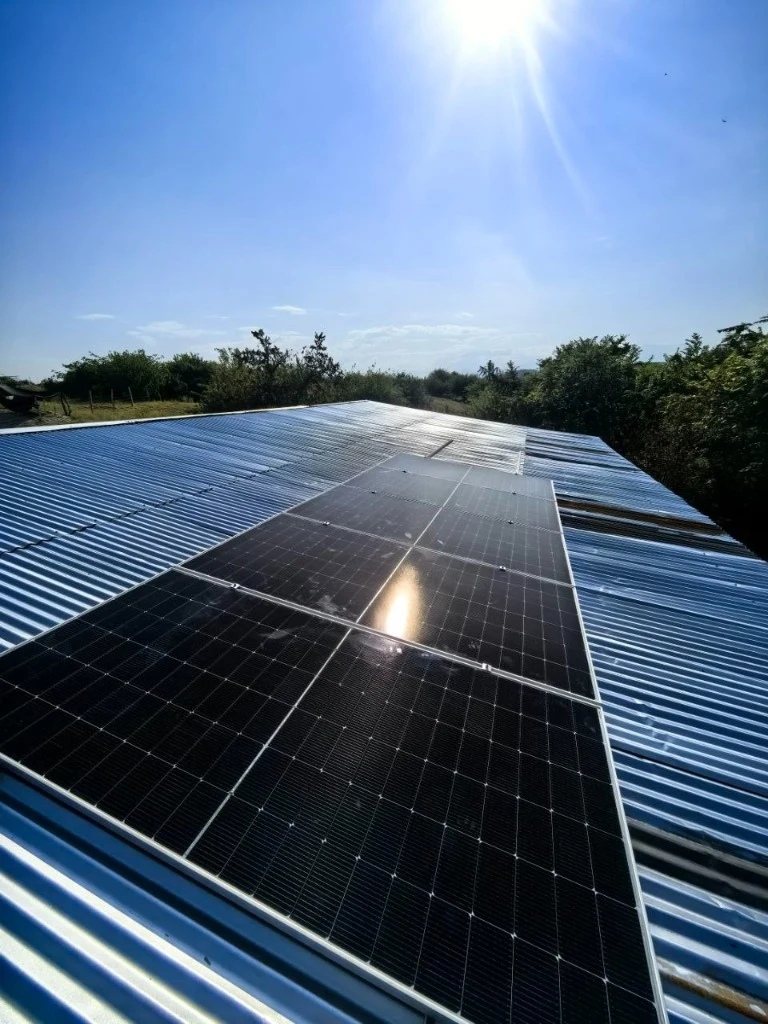 Paneles solares instalados sobre un techo de teja metálica